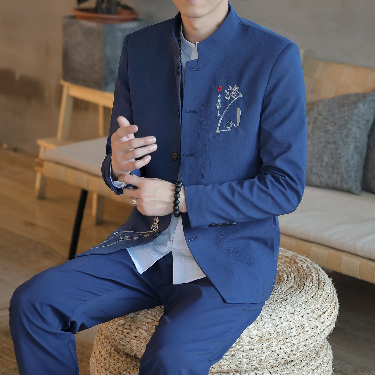 2023 New Men\'s Four Seasons Casual Suit Two Pieces Set Embroidered Chinese Style Wedding Performance Flax Blazers Jacket Pants