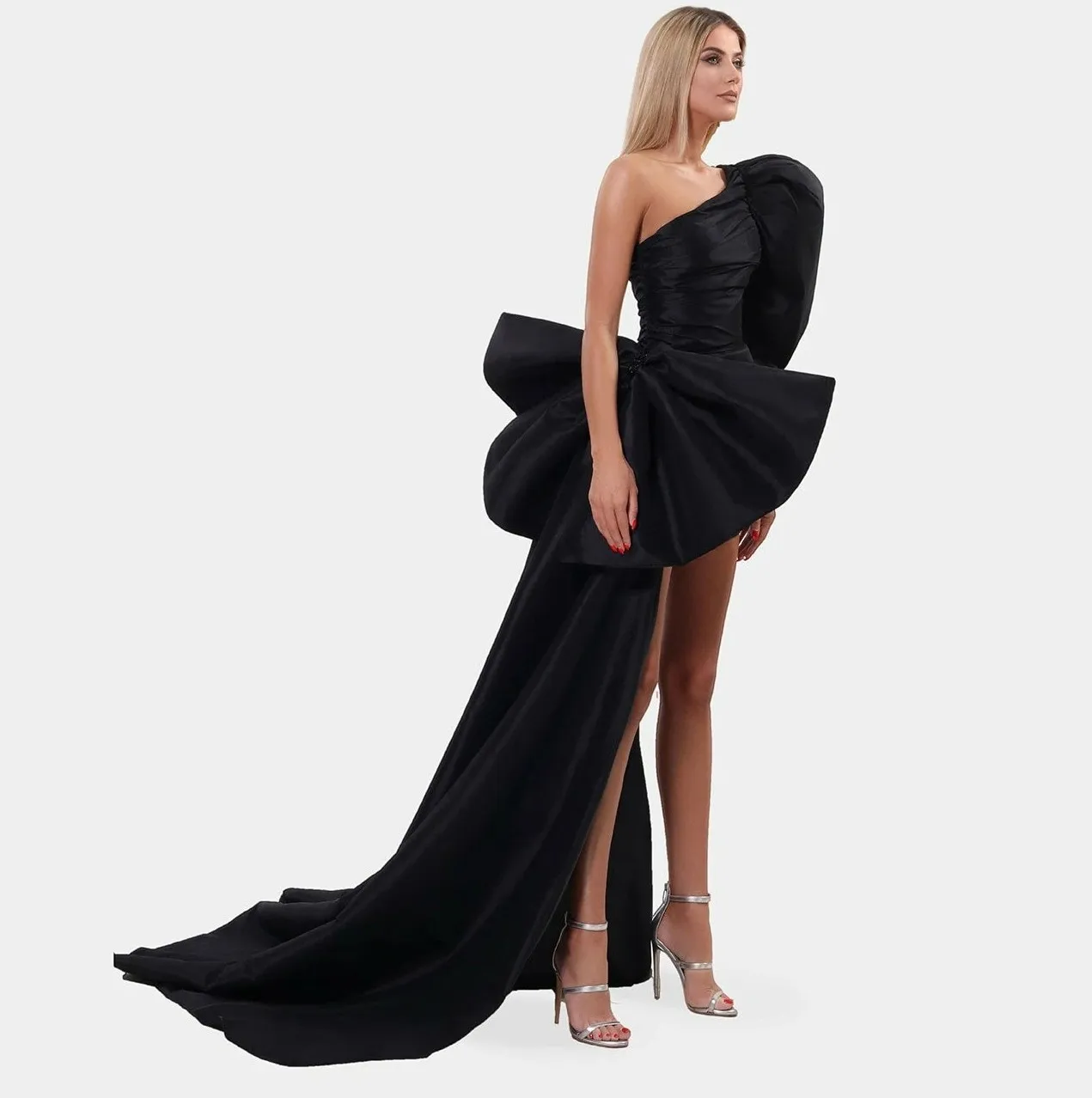 

Black Short Prom Party Dress 2023 One Shoulder Beading Puff Sleeves Satin Bow Pageant Evening Graduation Gown Robe De Soiree