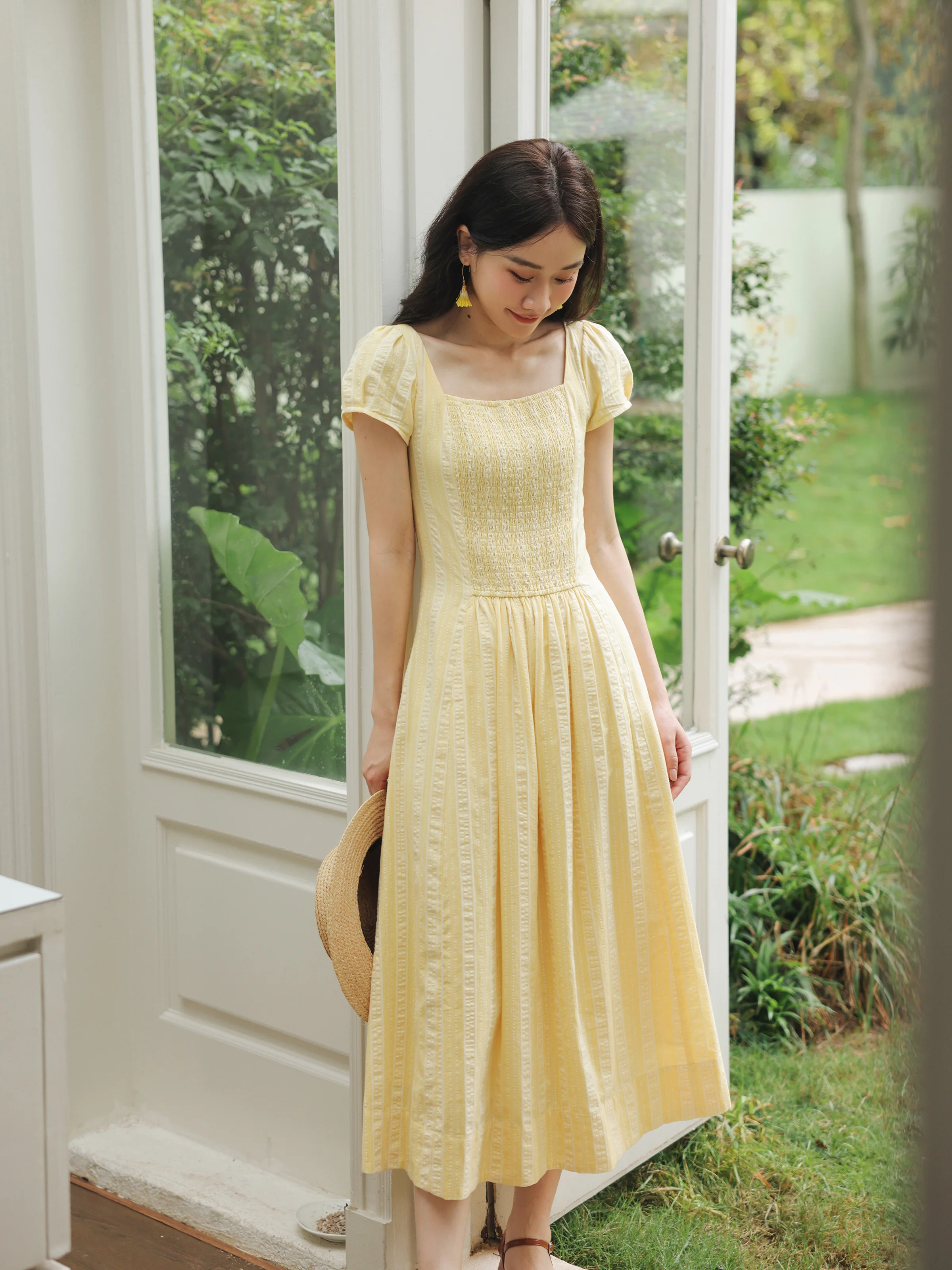 Sweet Vintage Puff Sleeve Dress Women Summer Square Neck Shirred Waist A-Line Midi Soft Lightweight Casual Long Dress Daily Look