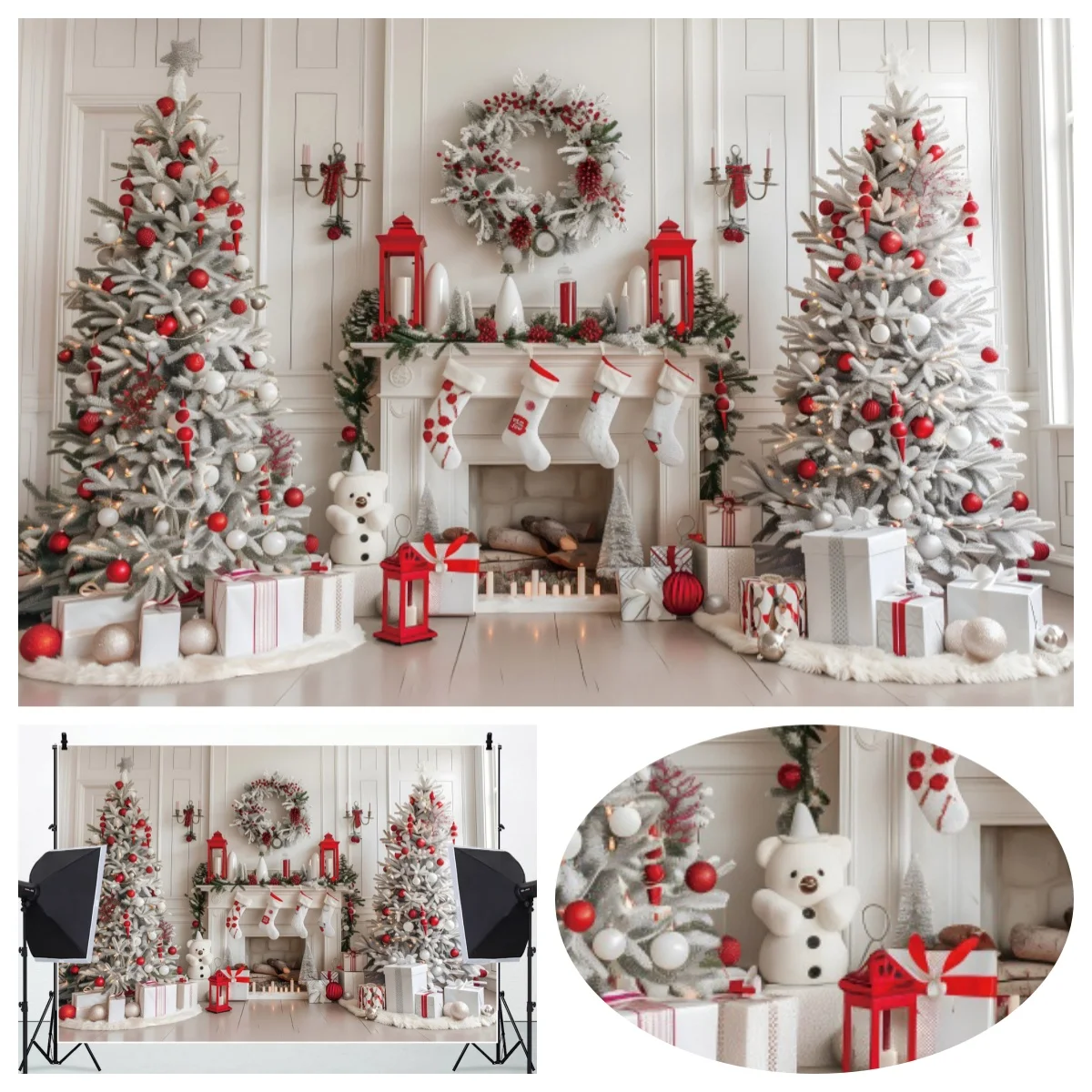 White Christmas Classic Wall Fireplace Backdrop Kids Birthday Party Decoration Cake Smash Photography Background Photozone Props