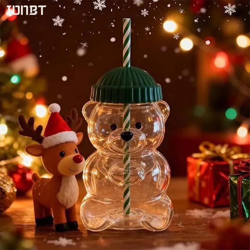 

550ML Creative Bear Shaped Glasses With Straw & Lids Clear Glass Coffee Mugs Plastic Milk Drink Water Cups For Christmas Gifts