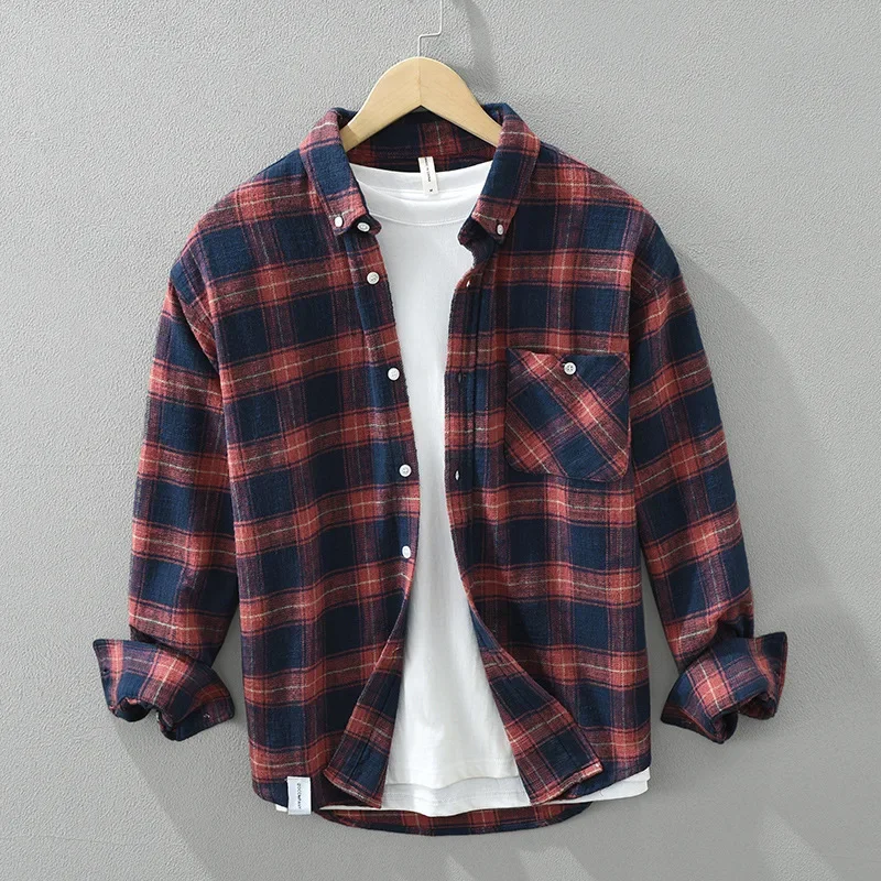 

Japanese Classic Red Plaid Shirt Men Spring Fall Daily Casual Long Sleeve Shirts Man Lapel Pocket Pure Cotton Tops Loose Shirts