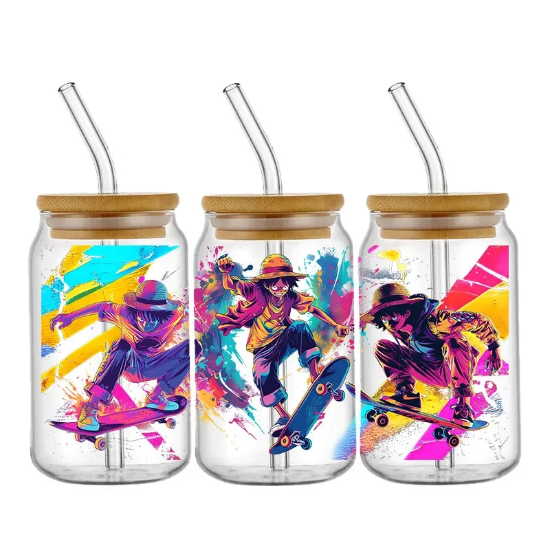 Personalize japão anime uv dtf copo envoltório transferência adesivo dos desenhos animados luffy para 16oz vidro pode auto-adesivo decalques personalizados à prova dwaterproof água