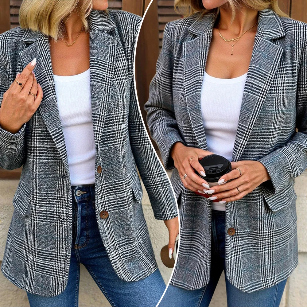 

Womens Elegant Blazer 2025 Autumn Winter Classic Plaid Long Sleeve Lapel Buttons Pocket Design Office All-match Jacket Clothing