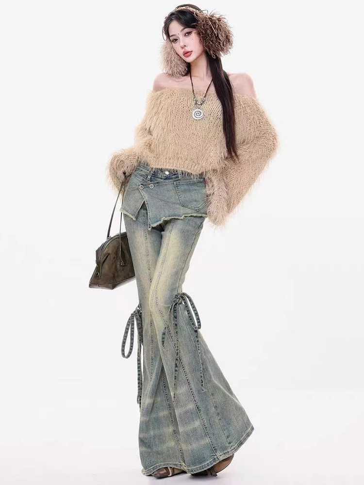 Vintage Wash Flare Jeans Y2k Japanische Streetwear Bow Lace Up Denim Hosen Hohe Taille Slim All Match Cowboy Hosen Neu