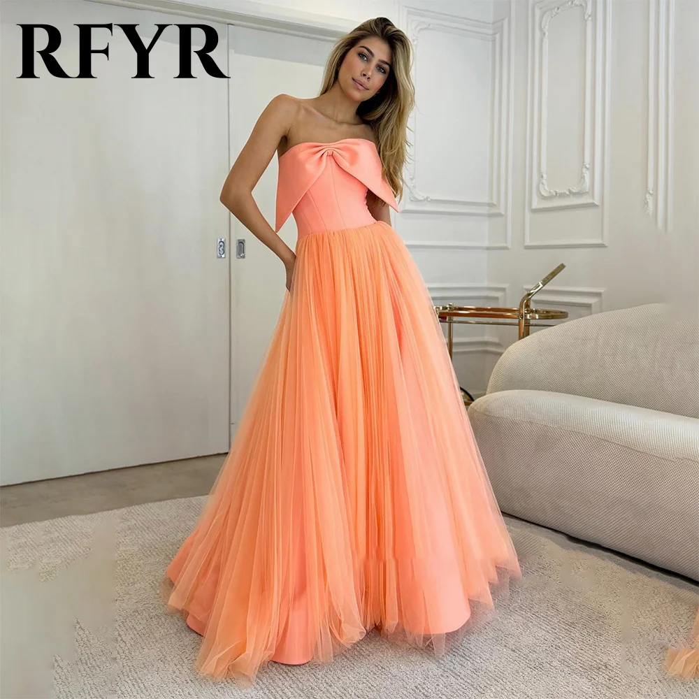 

RFYR Orange Prom Dress Strapless Evening Party Dresses A Line Dress Floor Length Elegant Vestido Formal Party Gowns Customized