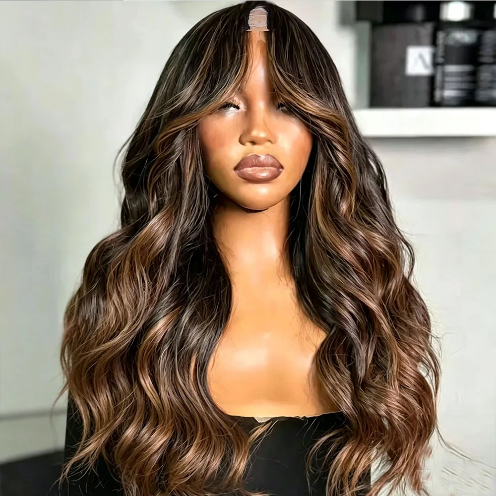 Hightlight Dunkelbraune U-Part-Perücke aus 100 % Echthaar, lockere Wellen, Babyhaare, klebefreie V-Part-Perücke, brasilianisches Echthaar für Damen – Detail 1