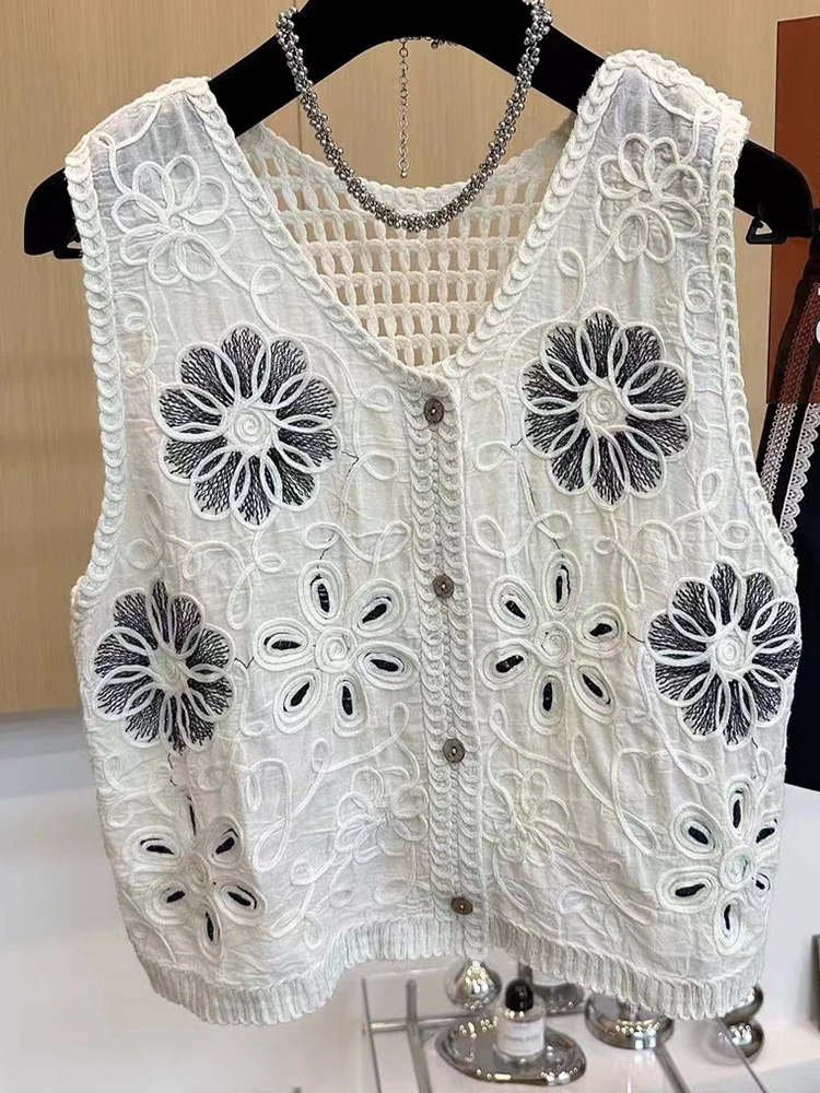 

Summer New Women's Vest French Style V-neck Three-dimensional Hollow Hook Flower Sleeveless High-quality Cotton Short Waistcoat