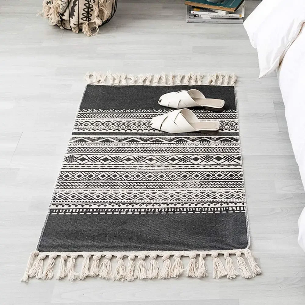 

Nordic Ethnic Style Cotton Linen Printing Retro Plain Thin Carpet Study Bedroom Floor Mat Hand Woven Alfombras Para Sala