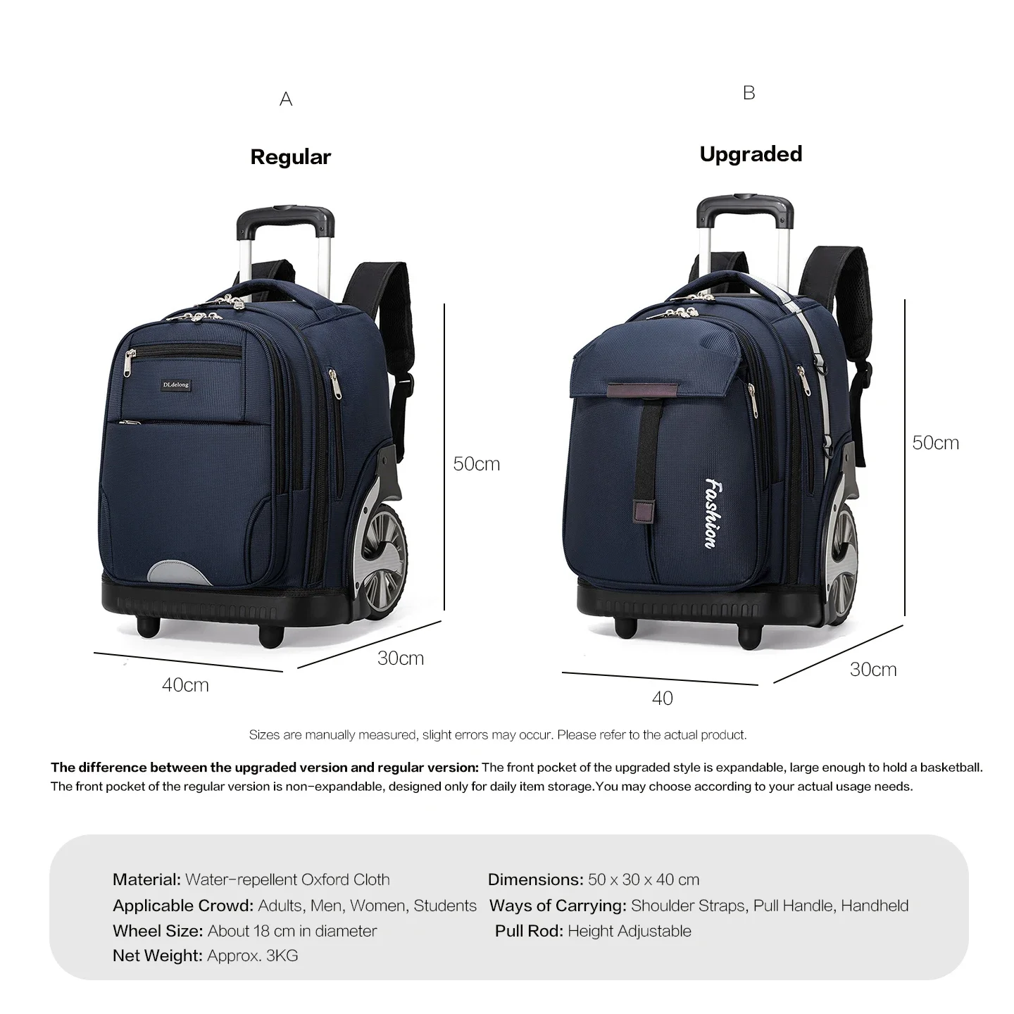 Large Capacity Wheeled Rolling Backpack Commute Boarding Travel to School Work Trolley Bag Universal Men Women Adults Students