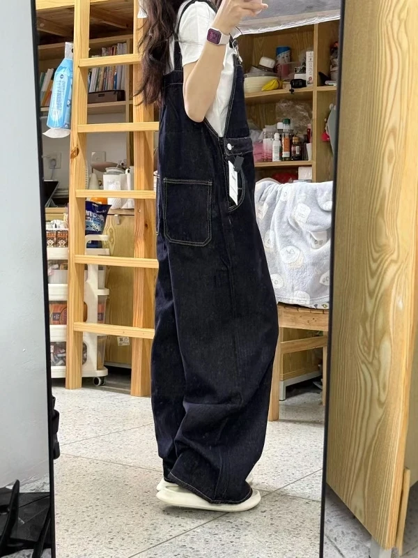 American Sle Retro Denim Overalls Women Summer 2025 New Lazy Loose Straight Casual Wide Leg Long Pants High Waist Trousers