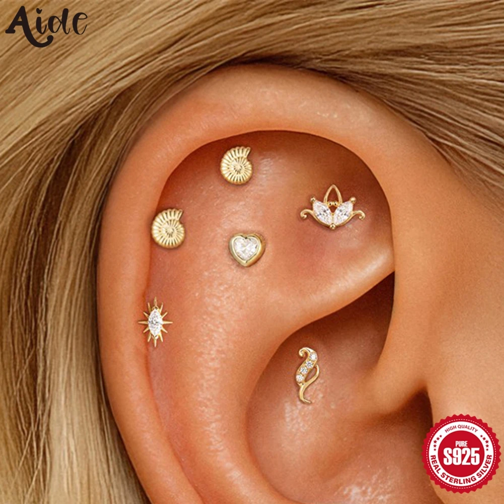 Aide 1piece Pendientes Plata 925 Piercing Stud Earrings For Women Conch Heart Cubic Zirconia Cartilage Ear Bone Studs Jewerly