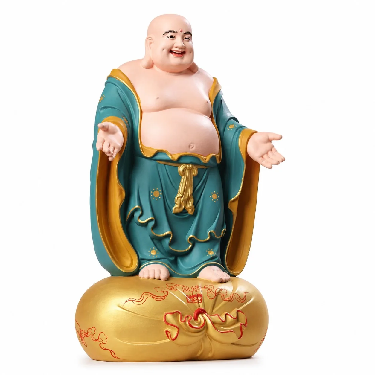 Hand Carved Hinoki Wood Laughing Buddha Statue with Gold Leaf Detail for Traditional Asian Feng Shui Home Living Room Decor