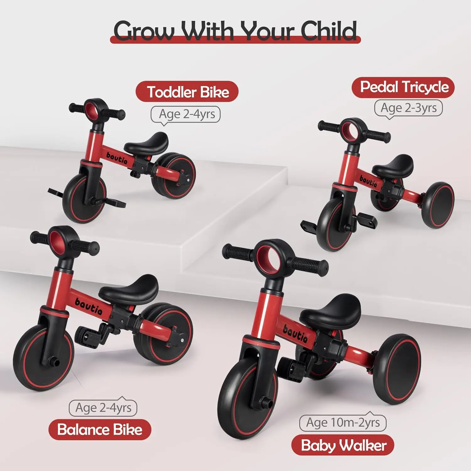 Tricycle for Toddlers 1-3, 4 in 1 Baby Balance Bike 1 2 Year Old Boy Girl Gift, Kids Bicycle Toy with Removable Pedals