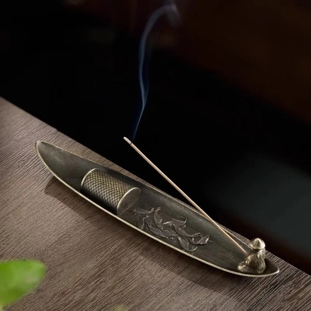 

Creative Boat Shape Incense Holder Metal Old Men Fishing Incense Burner Traditional Zen Style Aromatherapy Ornament Tea Room