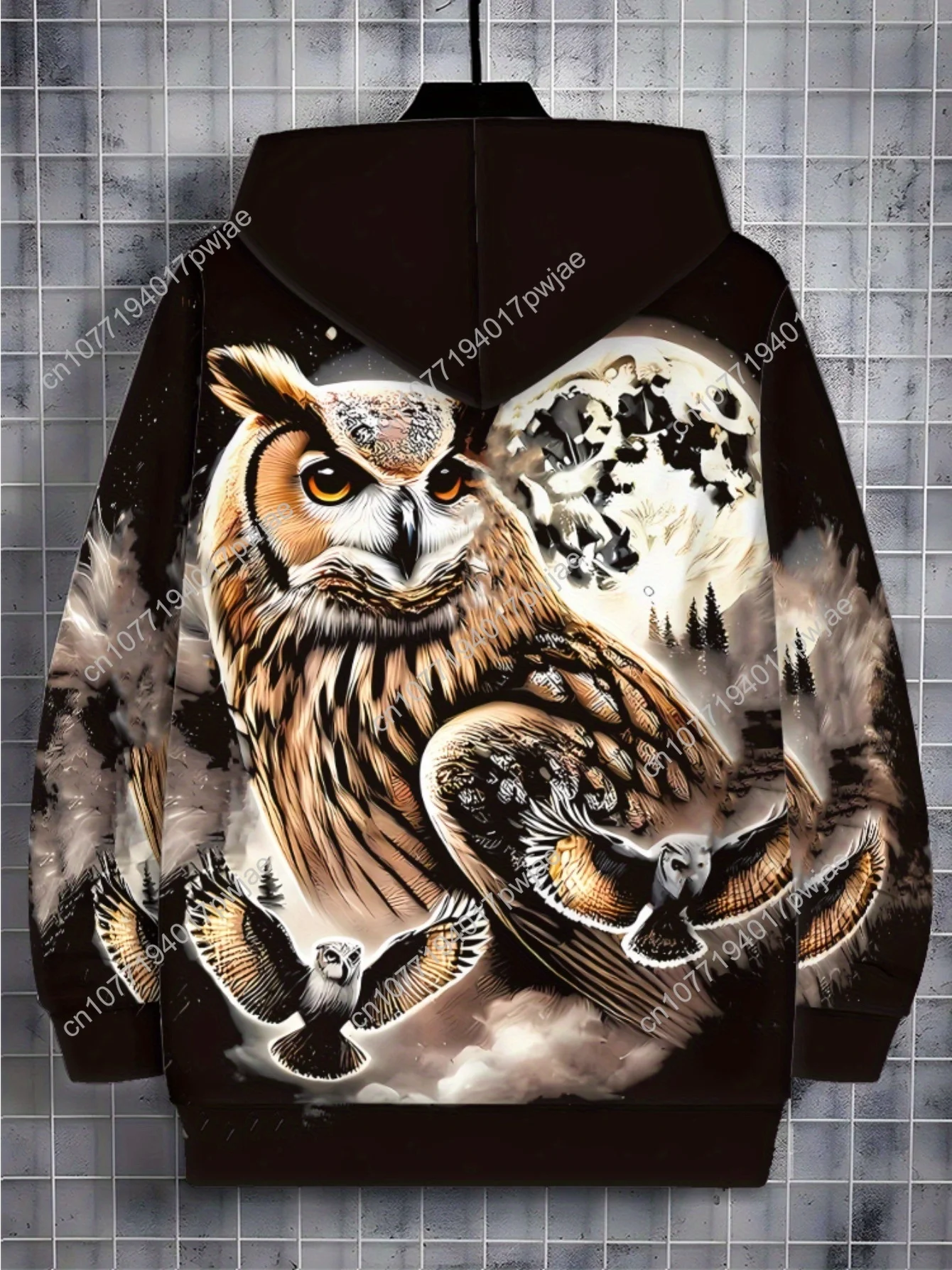 Abbigliamento sportivo da uomo con cappuccio a maniche lunghe con cerniera Felpa con cappuccio con stampa gufo per abbigliamento da soggiorno, tessuto morbido in poliestere, Sw leggero e resistente