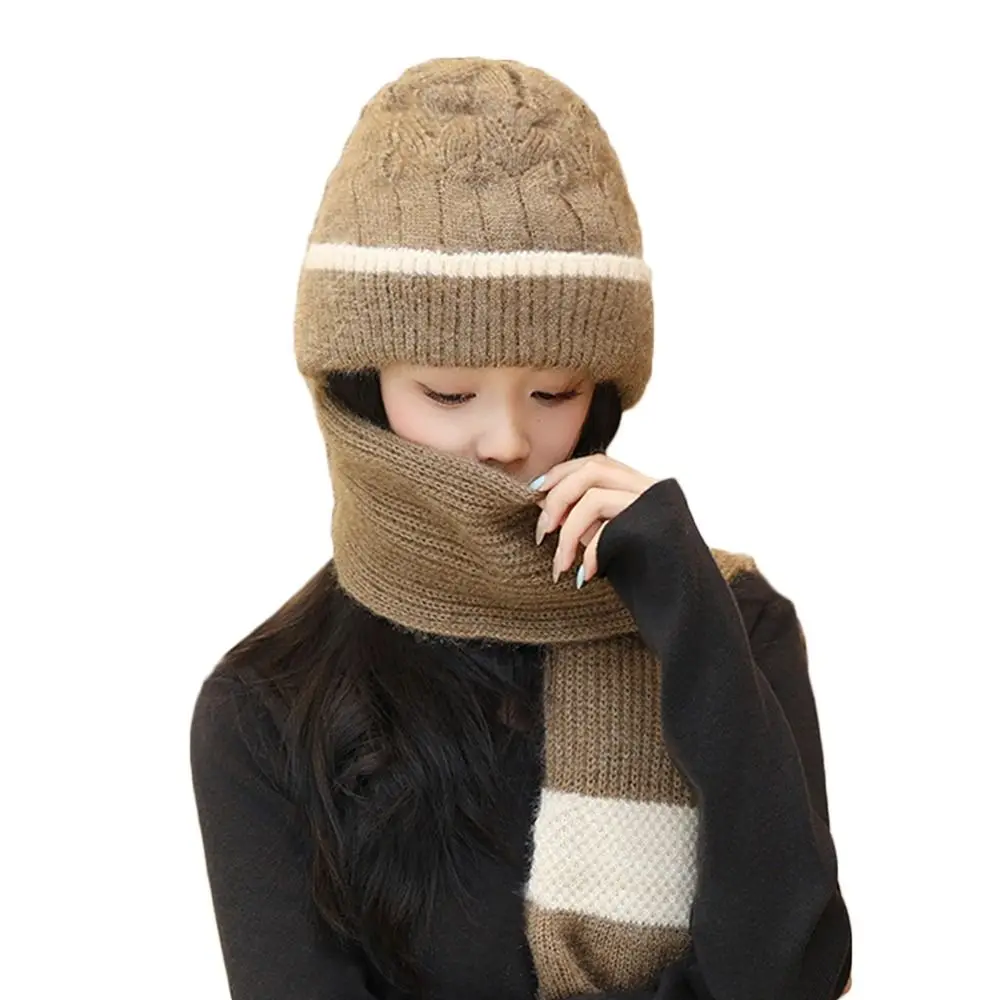 Gorro integrado de felpa para invierno, bufanda de punto grueso con protección para los oídos, calentador de cuello suave informal para mujeres y niñas