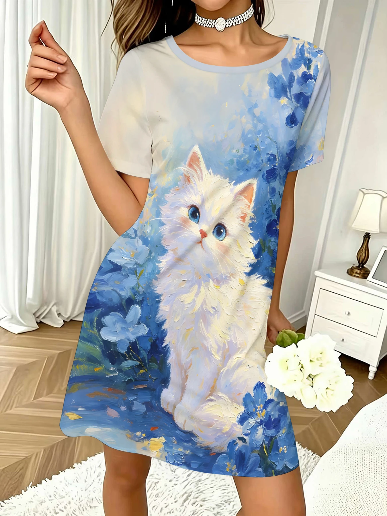 Women's Round Neck Short-Sleeved Dress with Cartoon Banana Daisy Fruit Print All Over, A-Line Casual Dress