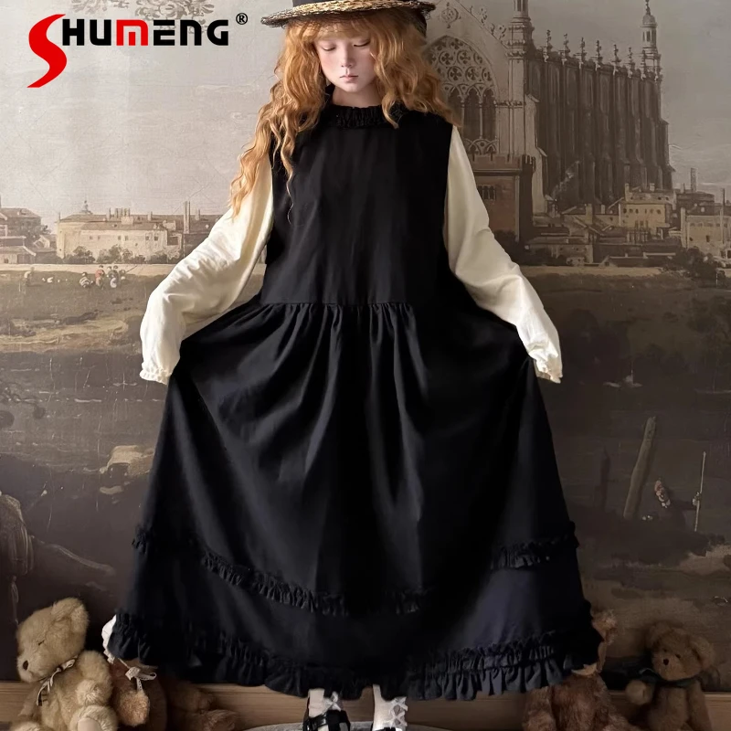 

Japanese Lolita Fungus Lace Small Round Neck Sleeveless Black Strap Dress Women's Spring High Waisted Loose Dresses Y2k Clothes