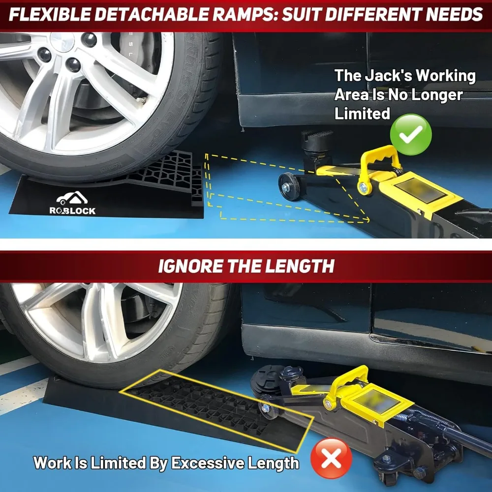 Adjustable Low-Profile Vehicle Ramps for Jack Support and High Lift, Sturdy Car Ramps for Low-Slung Cars, Detachable Automotive