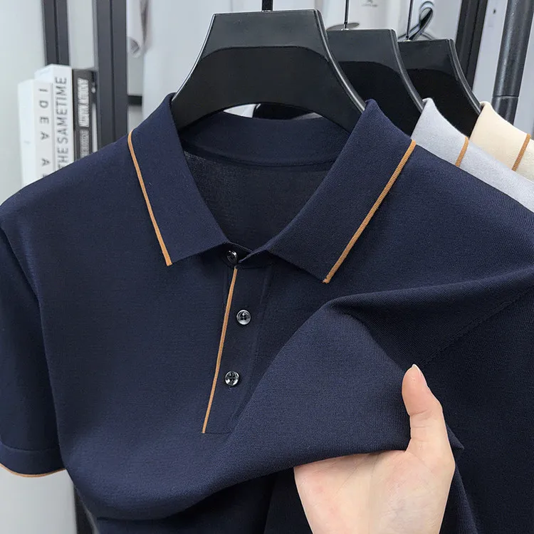 Summer linen 3% mulberry silk 3% Solid color pullover polo shirt for middle-aged men breathable lapel knitted T-shirt