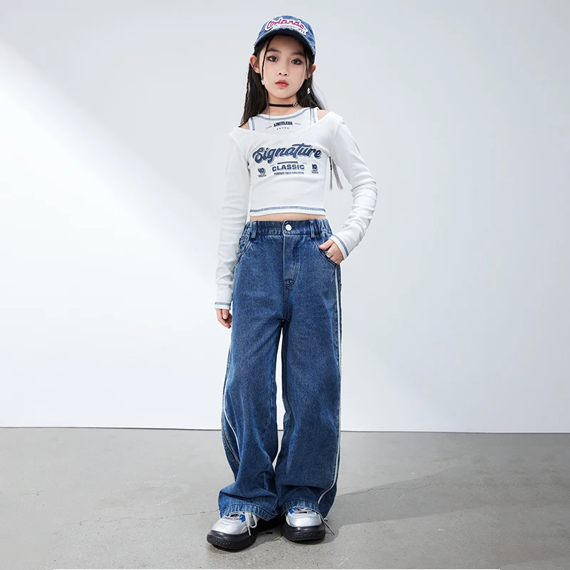 Kinder Kpop Hip Hop Kleidung Ernte Sweatshirt Tops Denim Casual Cargo Jogger Hose für Mädchen Jazz Tanz Kostüm Teen Street Kleidung