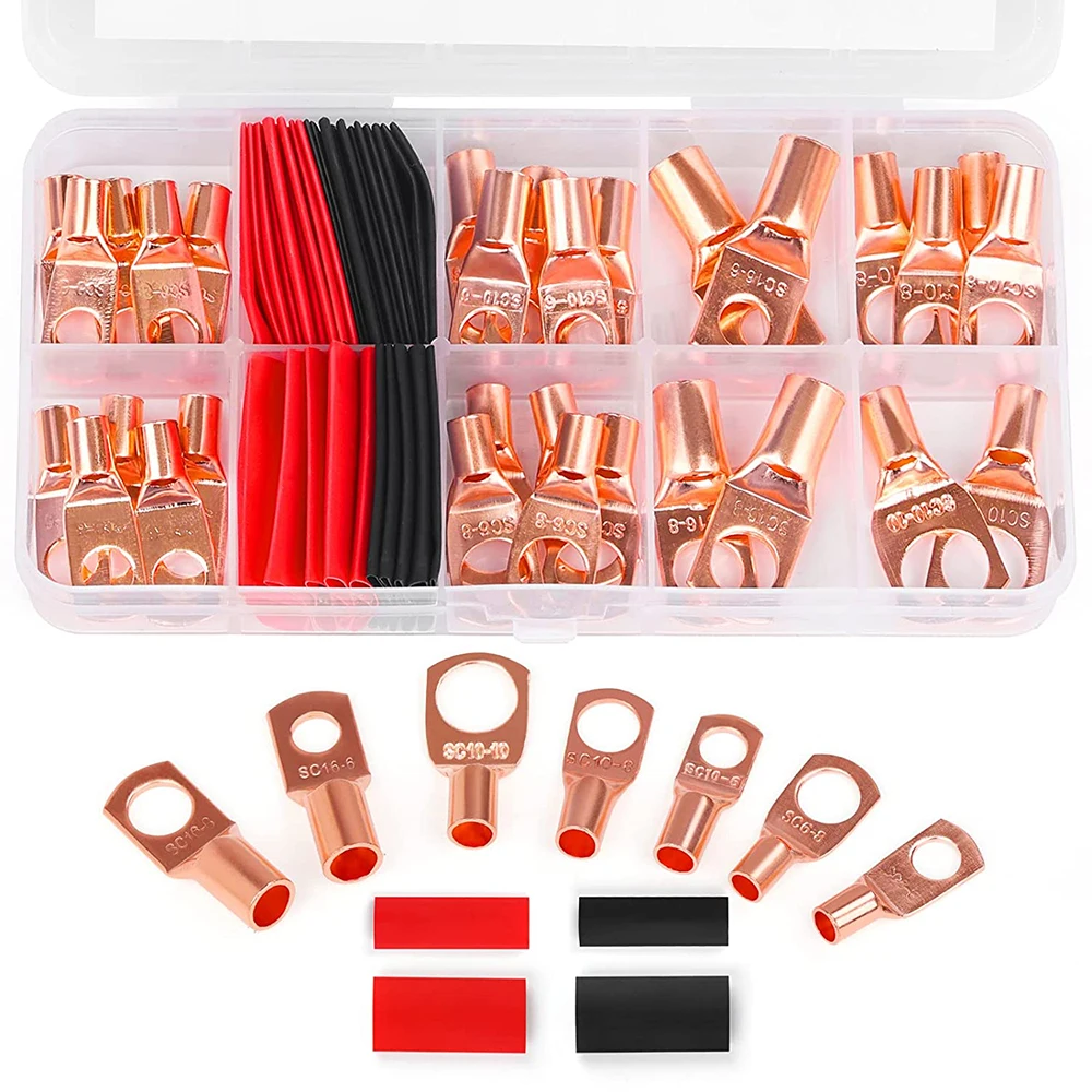 Copper wire lug terminal connector, suitable for AWG12-10 8 6 cable, heat shrink kit, bare copper eyelet, ring terminal connecto
