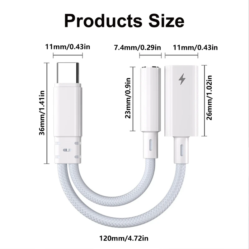 2 In 1 USB C Headphone Charging Adapter Splitter Cord Wire Type C to 3.5mm Port