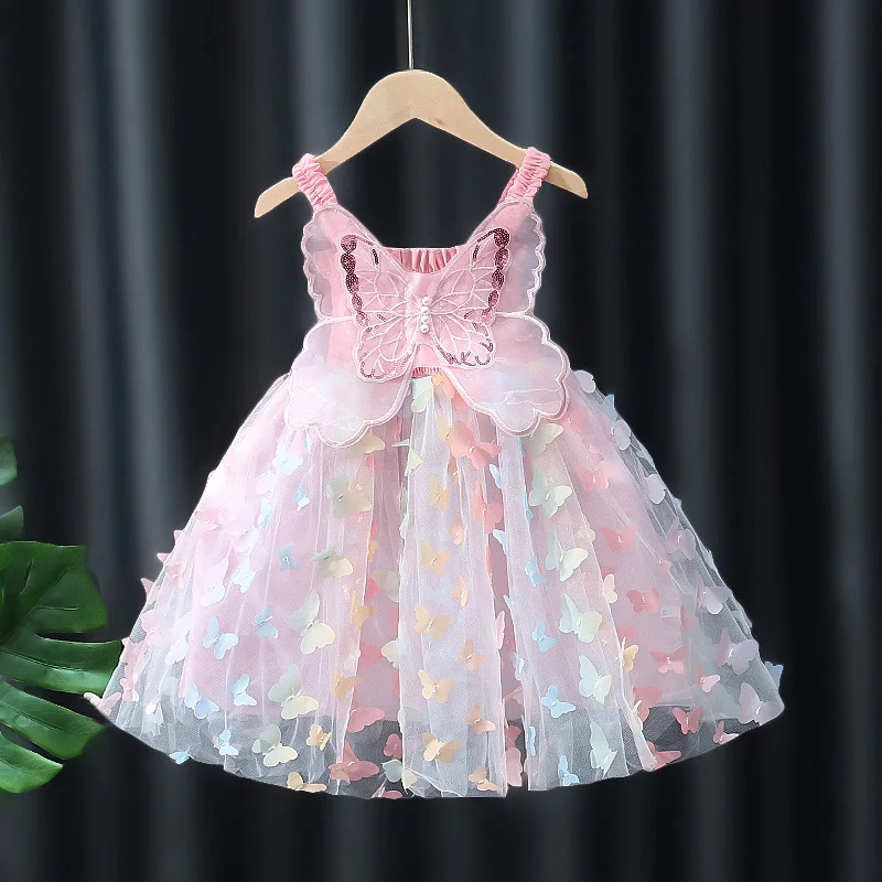 Baby Girls Summer Sweet Princess Flower Embroidery Baby Girl Dress Ruffles Sleeveless Bow Tulle Toddler Party Dress With Wings