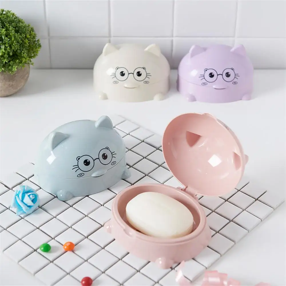 New Cartoon Cat Soap Dish With Cover Portable Cute Shower Soap Box Storage Plate Tray Holder Case Bathroom Accessories