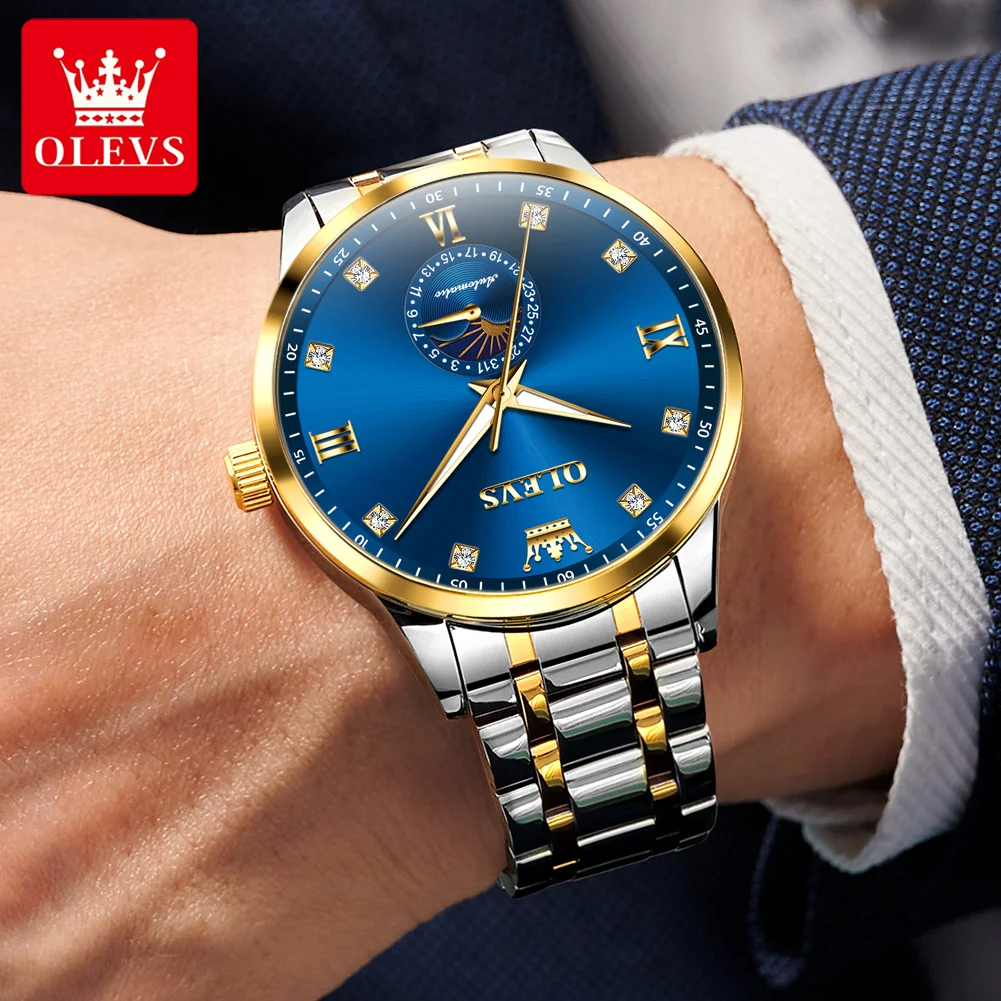 OLEVS 7041 fase lunar partido automático hombres correa de acero resistente al agua escala de diamante marca Original de lujo reloj de pulsera mecánico para hombres