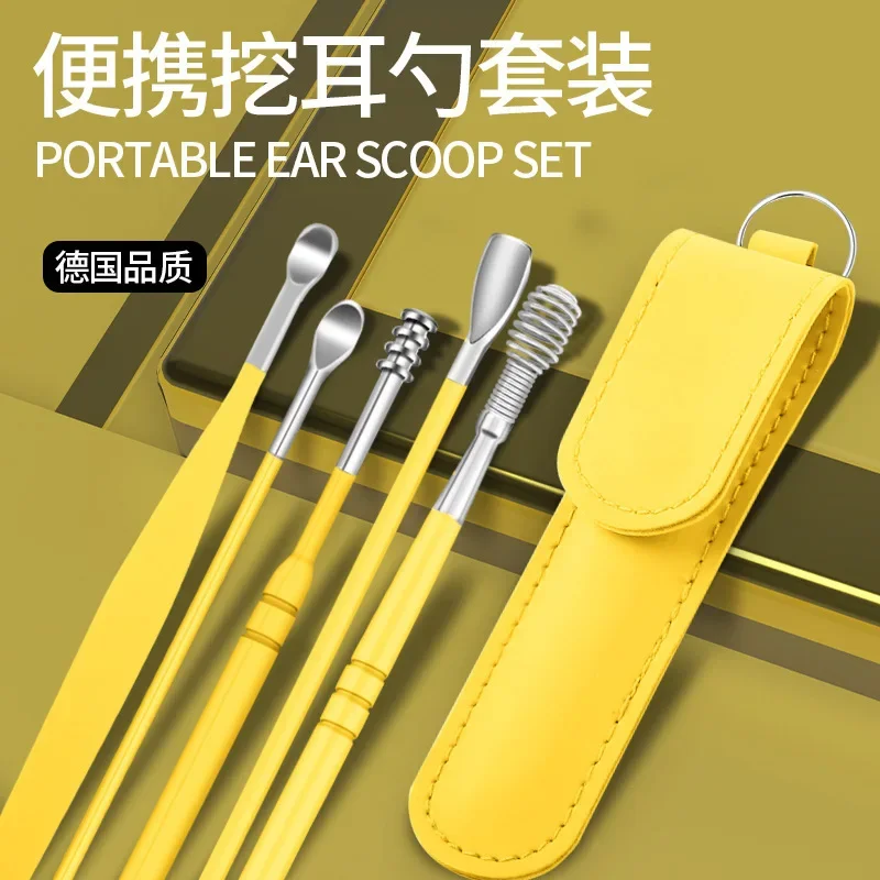 6Pcs Ear Cleaner Wax Removal Tool Earpick Stick Springs Reusable Cleaning Earwax Spoon Swab Stainless Steel Ear Cure Health Kits