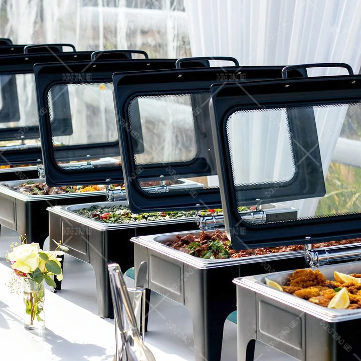 1pcs Luxury Food Warmer Latest Restaurant Big Glass Chaffers Buffet Set Chafers 9LServing Dishes Black Chafing Dish for Catering