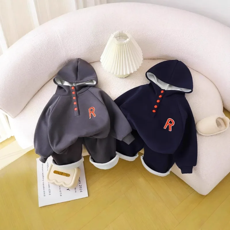ZOETOPKID Boys Winter Sets Children Fleece Suit Autumn Thicken Warm Outfits Kids Sweater Sweatpants 2Pcs Hooded Fashion Clothes