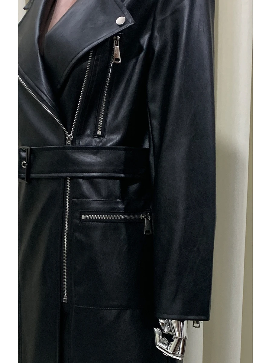 Mauroicardi Frühling Herbst Ausgestattet Lange Schwarz Pu Leder Moto Biker Jacke Frauen Gürtel Zipper Langarm Luxus Kleidung Mantel 2025