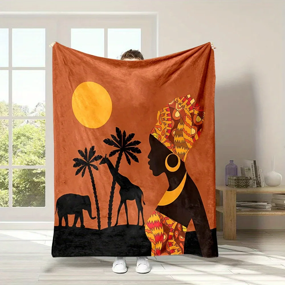 cobertor-de-flanela-com-estampa-de-savana-africana-design-reversivel-macio-com-silhuetas-de-elefante-e-girafa-tom-vermelho-quente