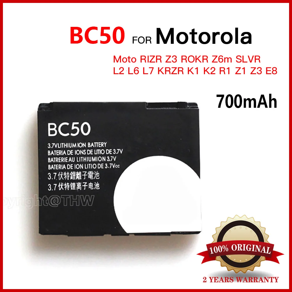 

BC50 Replacement battery 700mah for Motorola Moto RIZR Z3 ROKR Z6m SLVR L2 L6 L7 KRZR K1 K2 R1 Z1 Z3 E8 Cellphone batteries