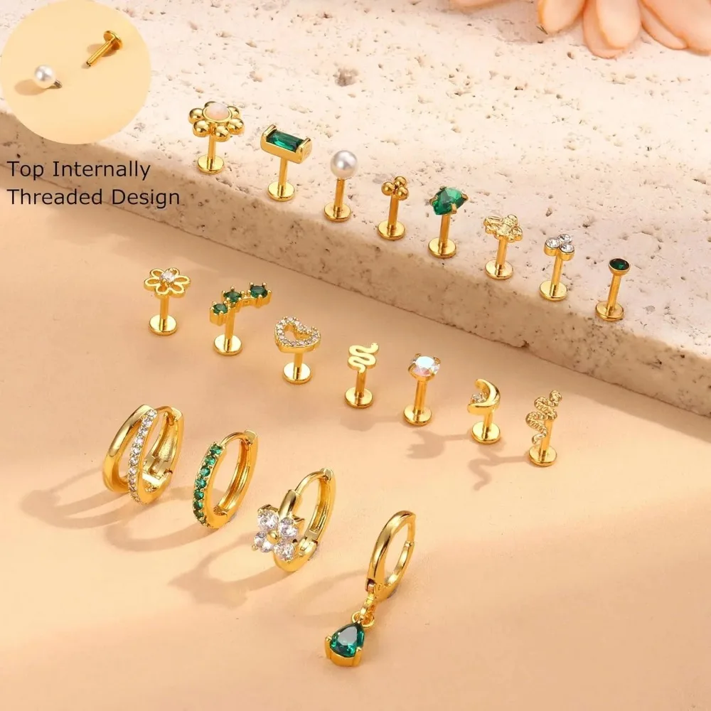 Drperfect Flat Back Earrings for Women Internally Threaded Cartilage Earrings Flatback Stud Tragus Helix Body Piercing Jewelry