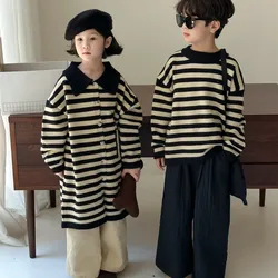 Sibling Clothes 2024 Autumn Boys O-Neck Striped Hoodies Girls Single-Breasted Lapel Hoodes Dress Kids Outfit