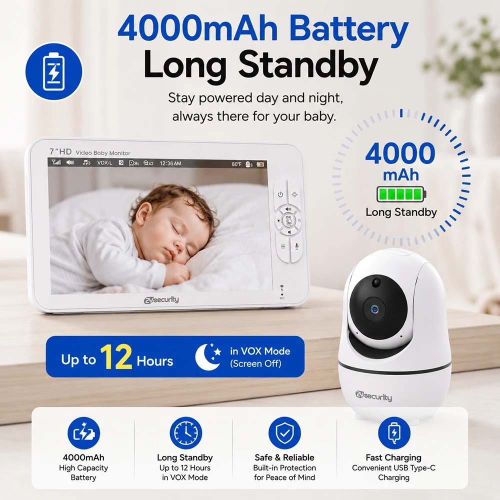 7 Inch Split-Screen Baby Monitor 1080P HD PTZ Camera 4X Zoom Two Way Audio No WiFi Hack Proof Private Video Nanny Camera Baby view 6