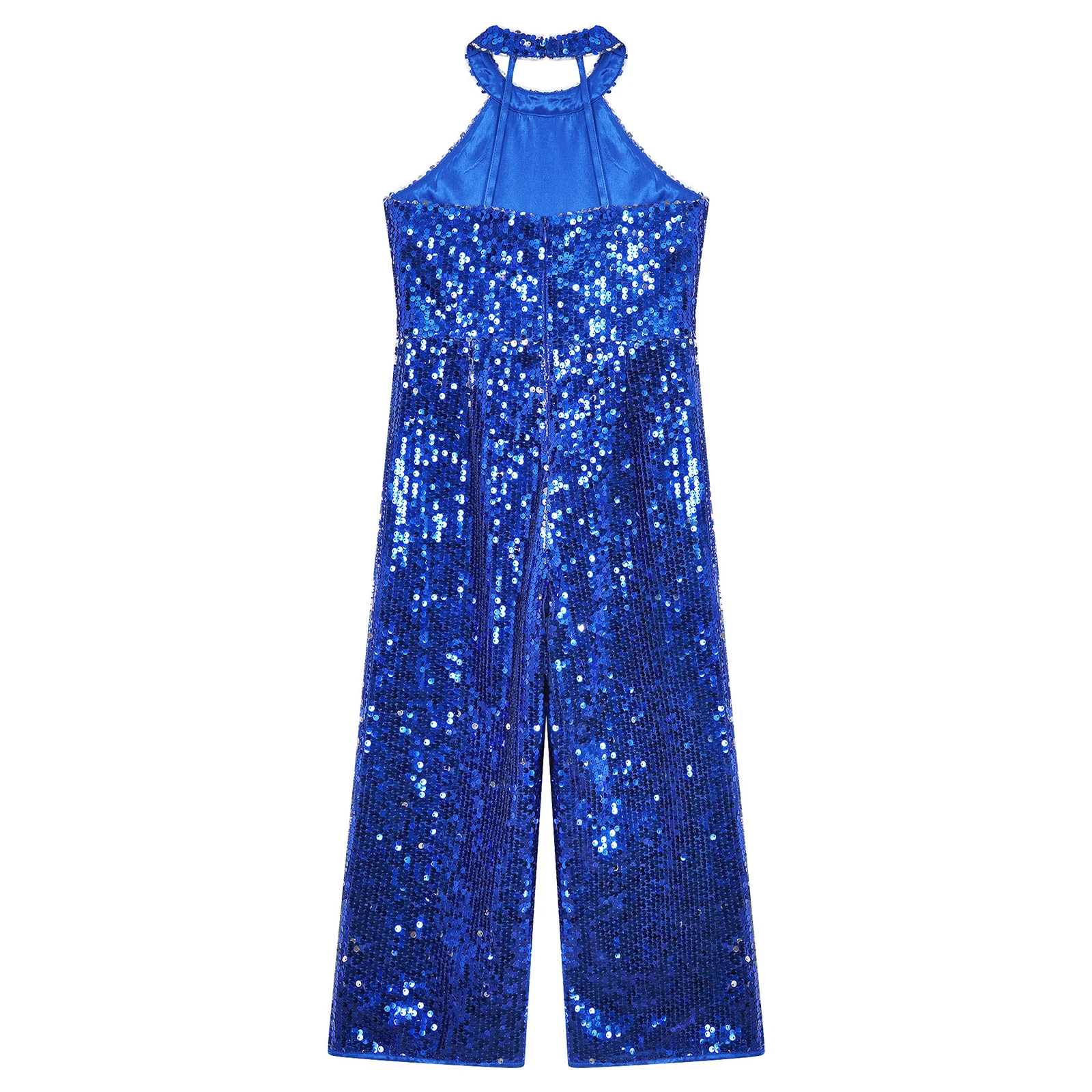 Kids Girls Shiny Sequin Dance Pageant Romper Halter Neck Strapy Back Sleeveless Wide Leg Pants One-Piece Jumpsuit for Party