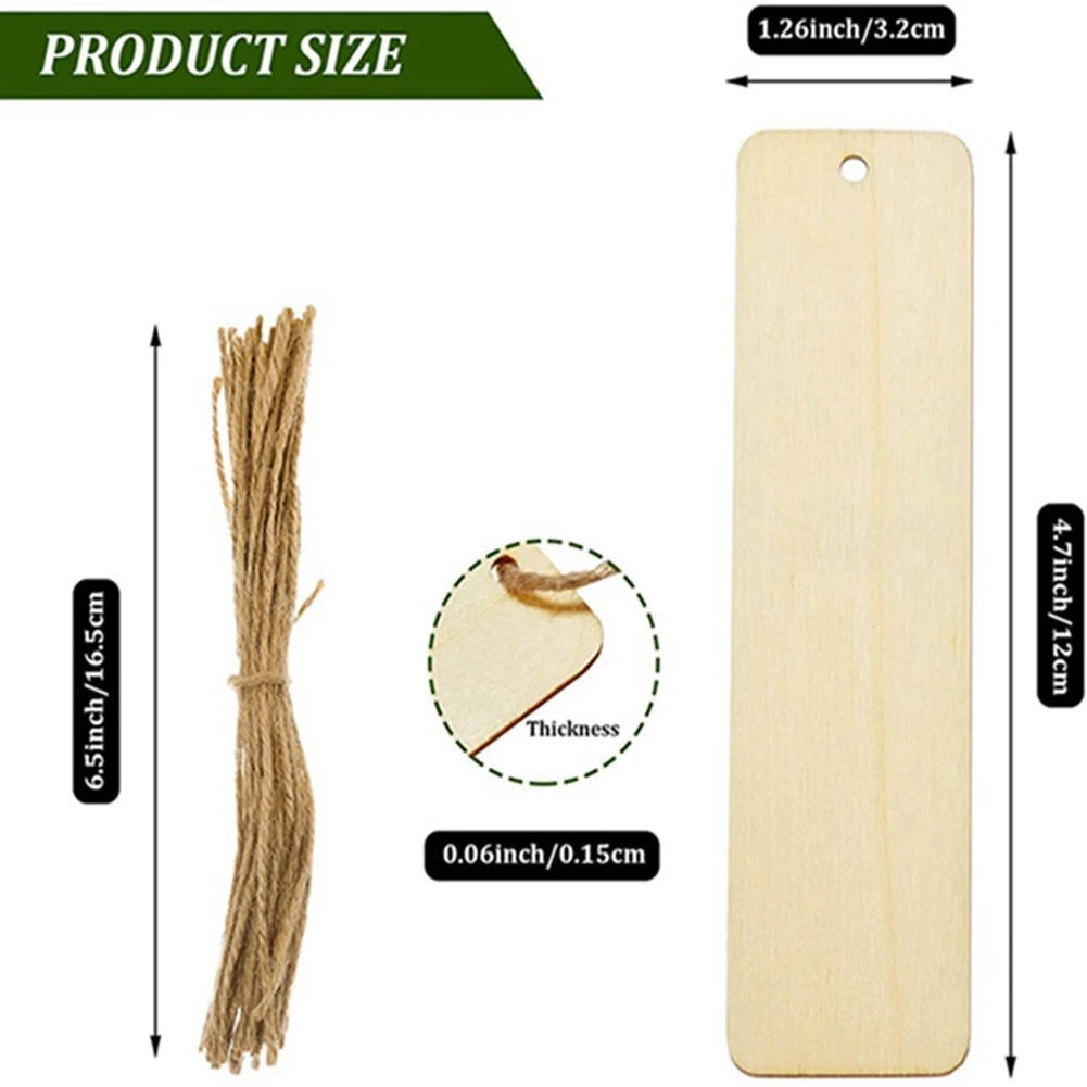 100Pcs Wooden DIY Bookmark Blank Bookmarks with Ropes Wooden Book Markers Rectangle Thin Hanging Tag