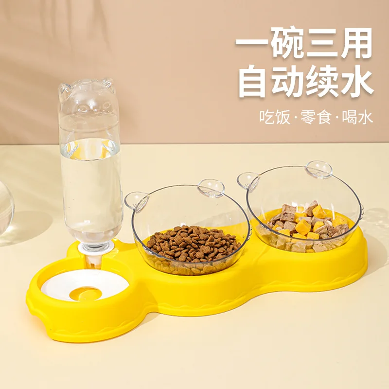 Cat Double Bowl Double Use Three Bowls Automatic Water Feeder Automatic Drinking Basin Anti-overturning Pet Dog Bowl Cat Bowl