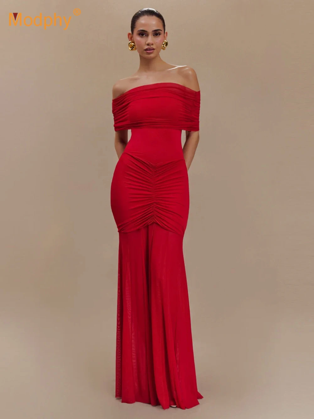 Modphy Abito lungo aderente sexy con una spalla drappeggiato da donna Abiti lunghi aderenti senza schienale rosso albicocca Abiti da sera di Natale