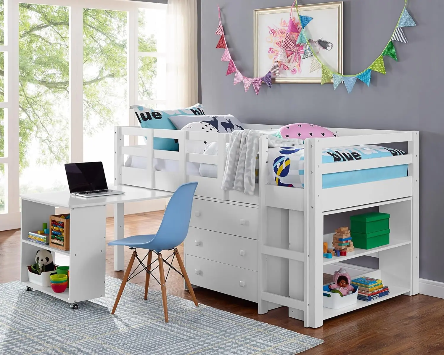 Lit Loft double avec rangement pour enfants, bureau, échelle d'armoire, étude basse, bois enrichi, protection de sécurité, étagère à bibliothèque, blanc, R64