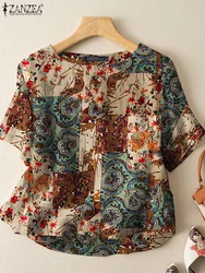 ZANZEA Summer Bohemian Tops Tunic Vintage Women Short Sleeve Blouse Casual Floral Printed Work Shirt Retro Party Blusas Oversize