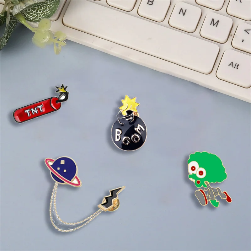 Angry Frog Enamel Pins Funny Cartoon Alien Brooches Airplane Rocket Metal Chain Planet Badge Dangerous BOOM Bomb TNT Pin Jewelry