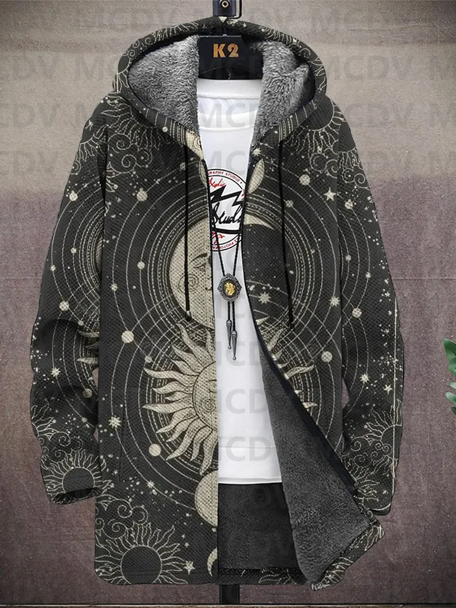 Men's Art Moon And Sun Print Hooded Two-Pocket Fleece Cardigan Jacket