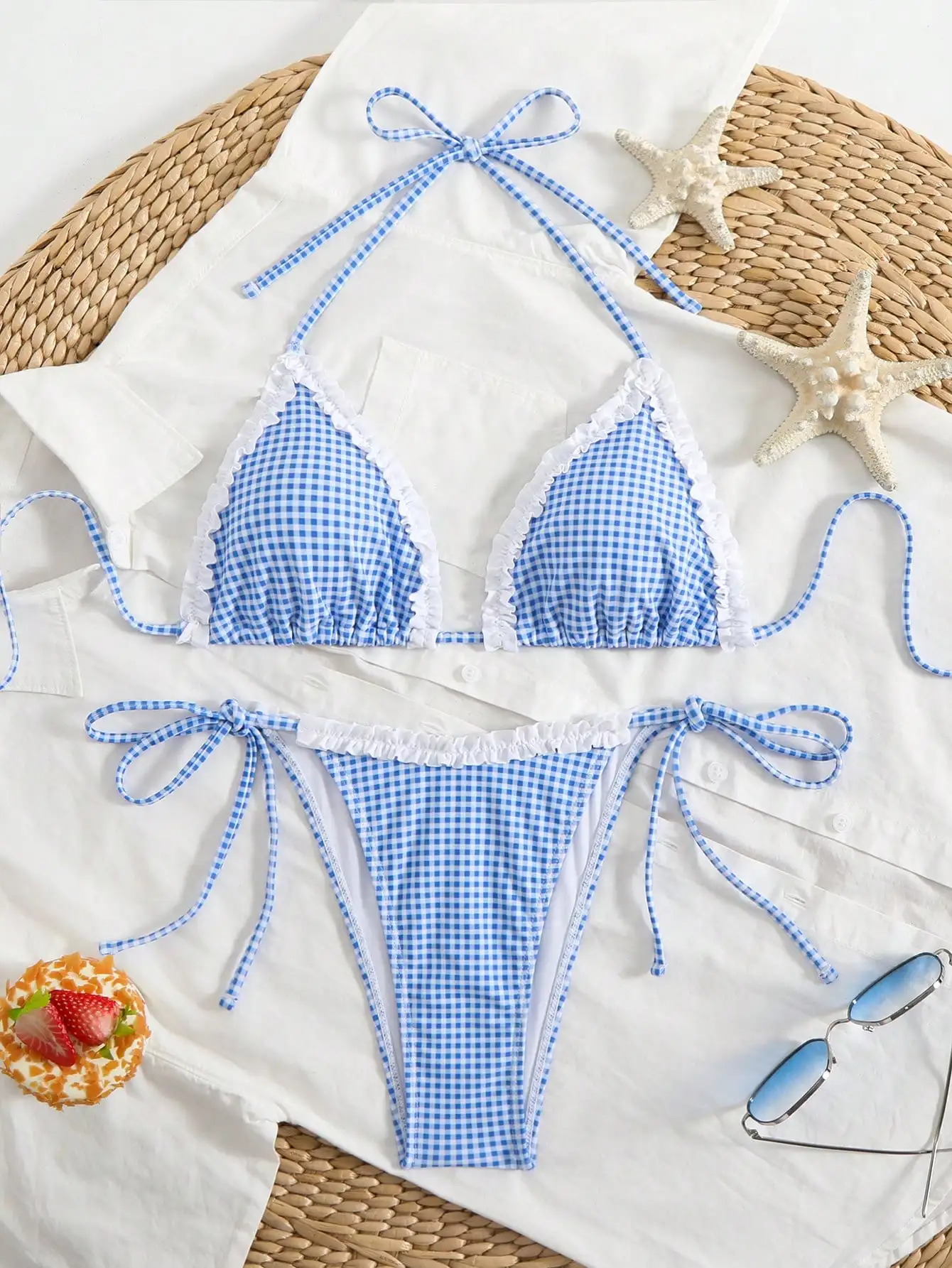 

Blue Plaid Frill Trim Halter Bikini Set For Women Beach Pool Summer