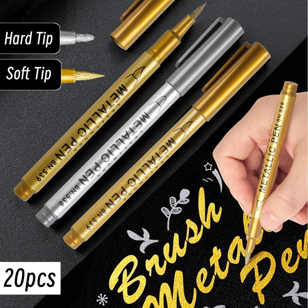 

20pcs Brush Metallic Paint Marker Pens Gold Silver Color Permanent Art Marker For Manga Crafts Scrapbooking Stationery Supplies